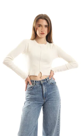 97495 Round Neck Ribbed Long Sleeves Off-White Cropped Top