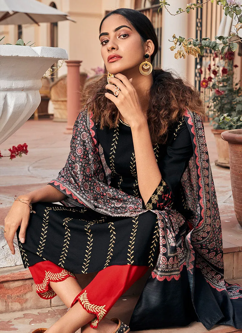 Black And Red Multi Embroidered Pant Suit