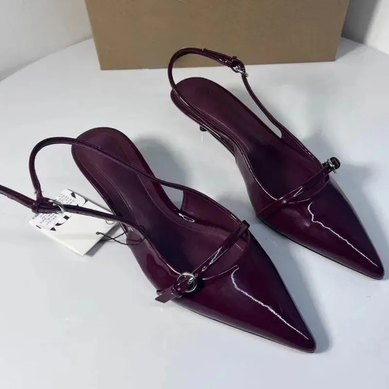 Cherry Red  Buckle Strap Pointed Heels