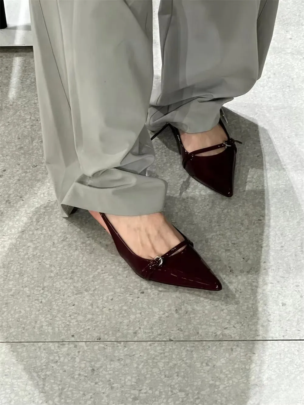 Cherry Red  Buckle Strap Pointed Heels