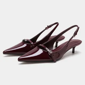Cherry Red  Buckle Strap Pointed Heels