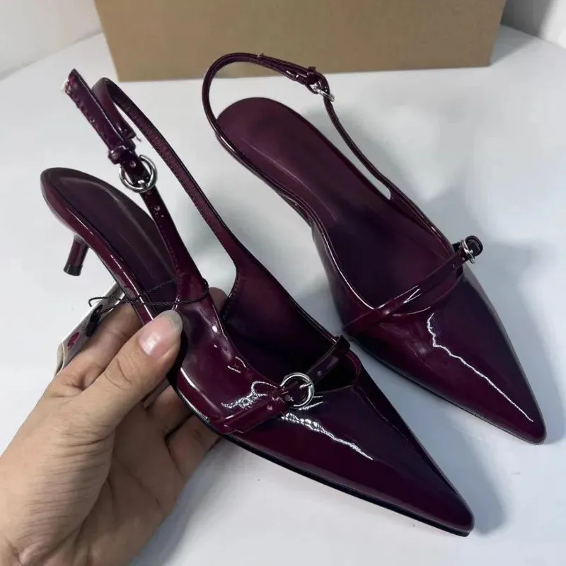 Cherry Red  Buckle Strap Pointed Heels