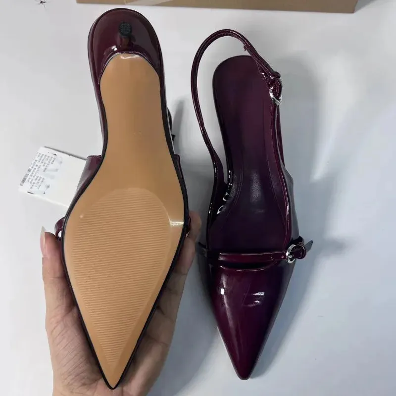 Cherry Red  Buckle Strap Pointed Heels