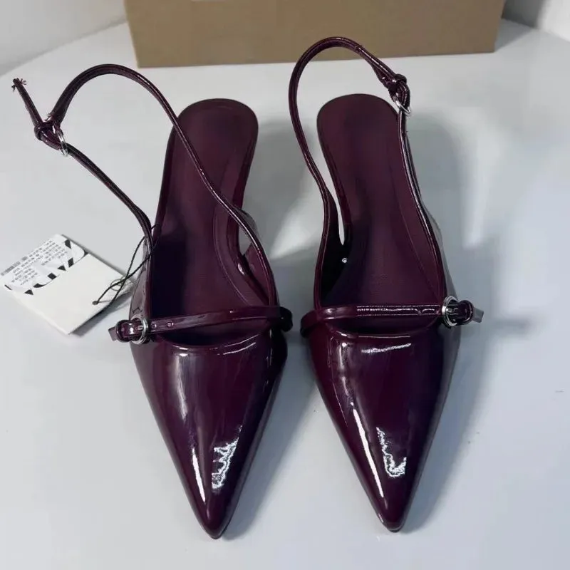 Cherry Red  Buckle Strap Pointed Heels