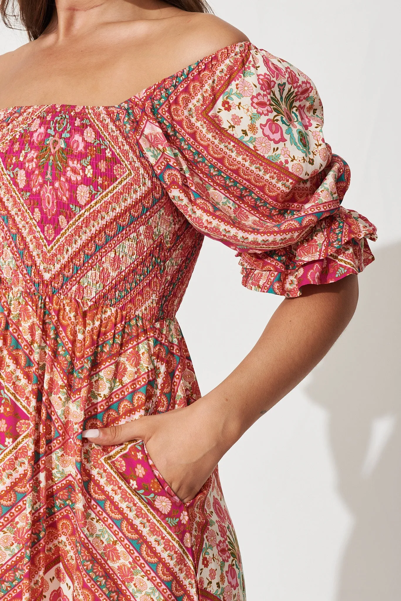 Ever Midi Dress In Coral With Floral Tile Print