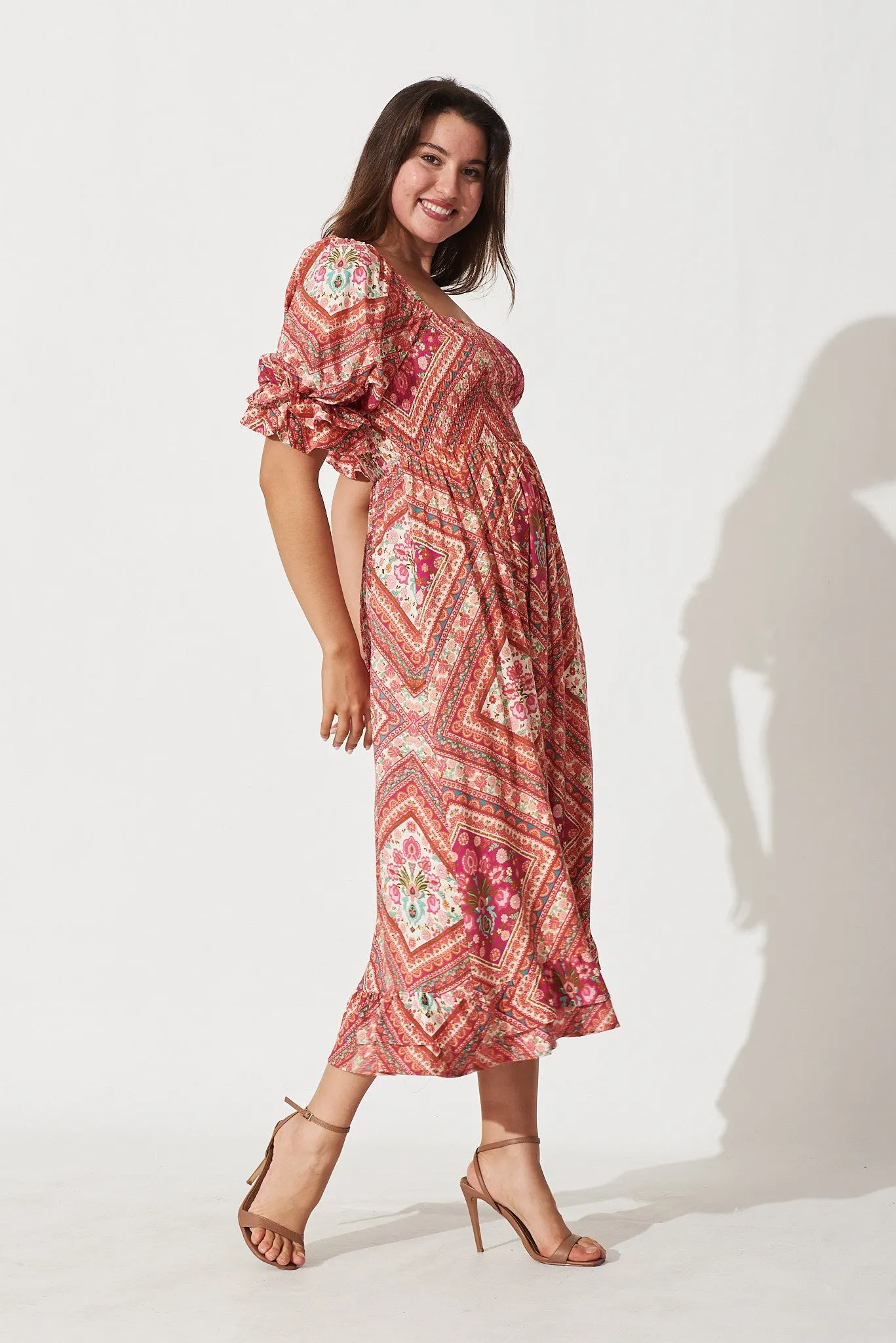 Ever Midi Dress In Coral With Floral Tile Print