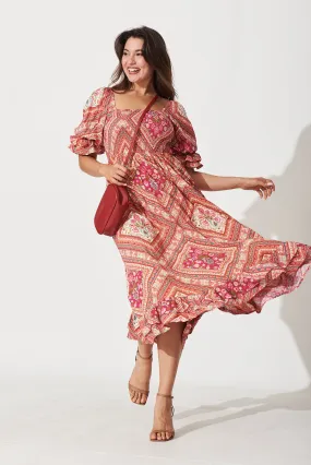 Ever Midi Dress In Coral With Floral Tile Print