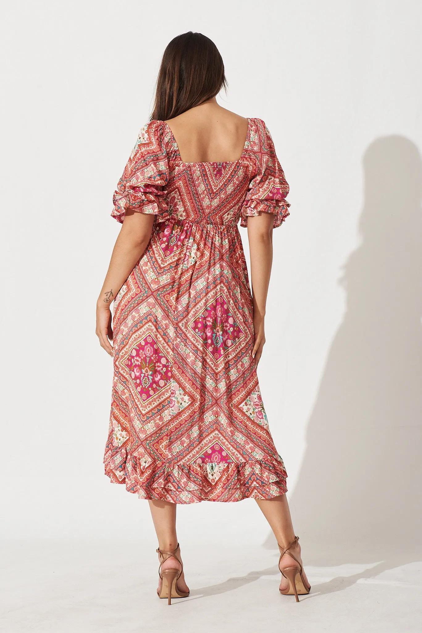 Ever Midi Dress In Coral With Floral Tile Print