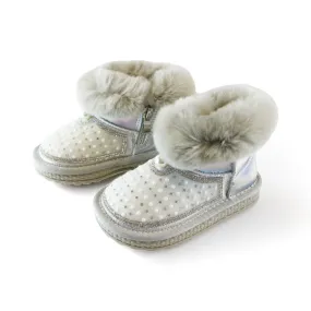 Handcraft Rhinestone & Pearl Furry Boot - Silver