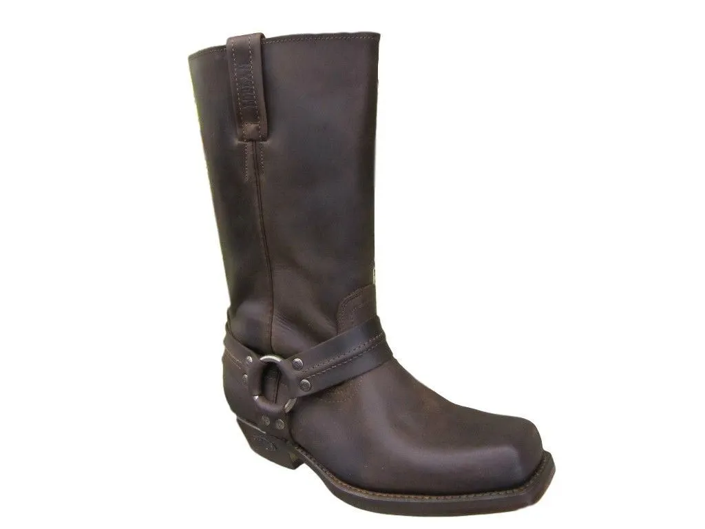 Loblan 295 Brown Waxy Leather Mens Biker Boots Classic Cowboy Square Chisel Toe