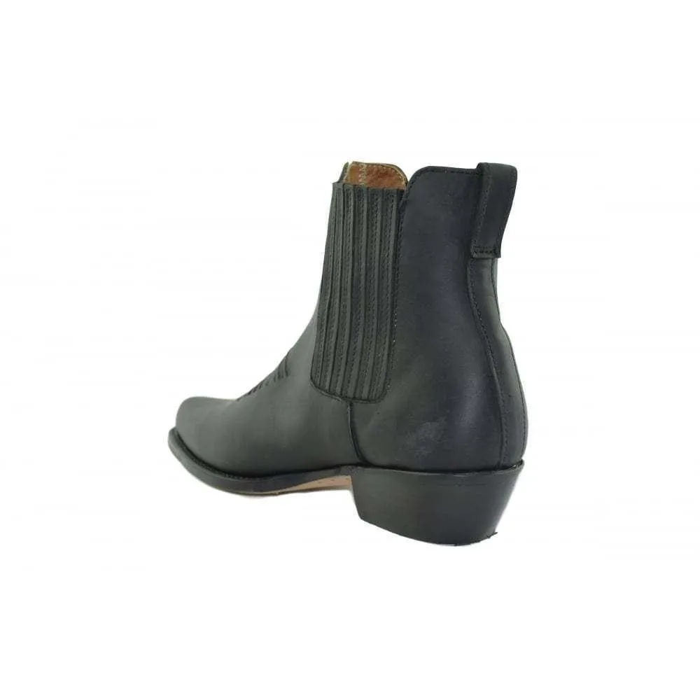 Loblan 298 Black Waxy Leather Cowboy Short Western Boots Pointed Ankle Boot