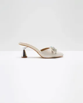 Metallic Cream Embellished Bow Heels