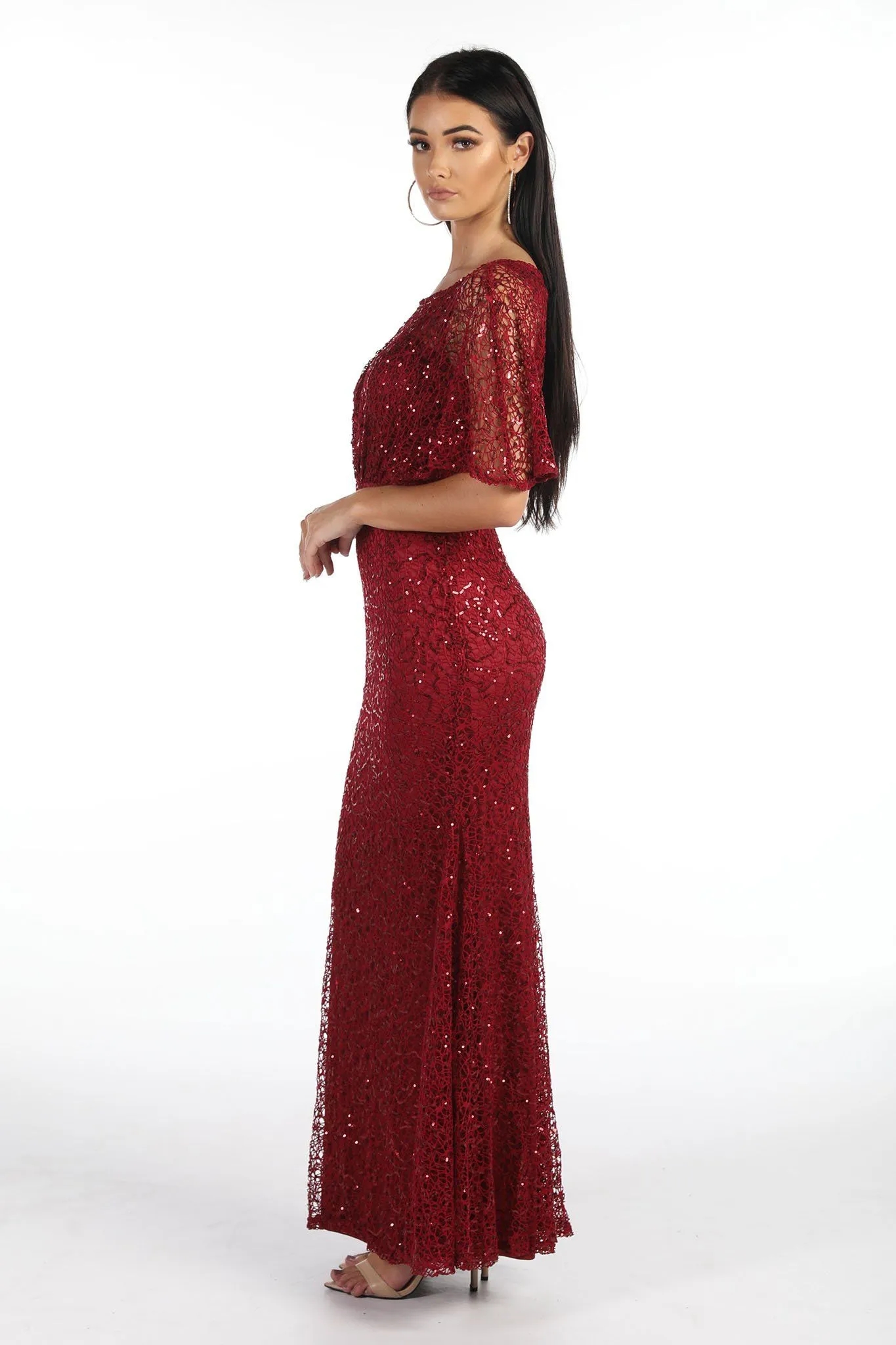 Opal Butterfly-Sleeve Sequin Maxi Dress - Wine
