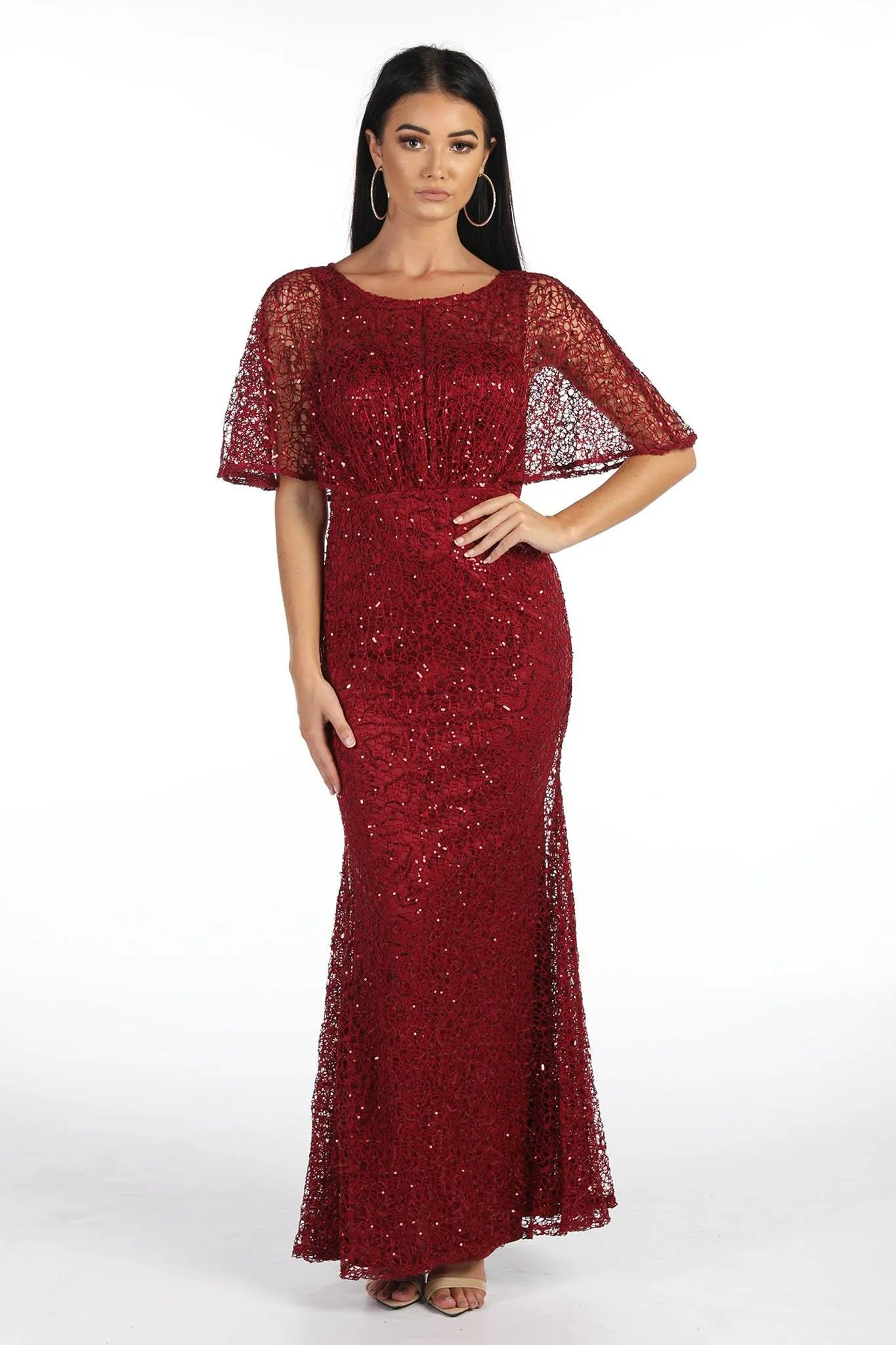 Opal Butterfly-Sleeve Sequin Maxi Dress - Wine