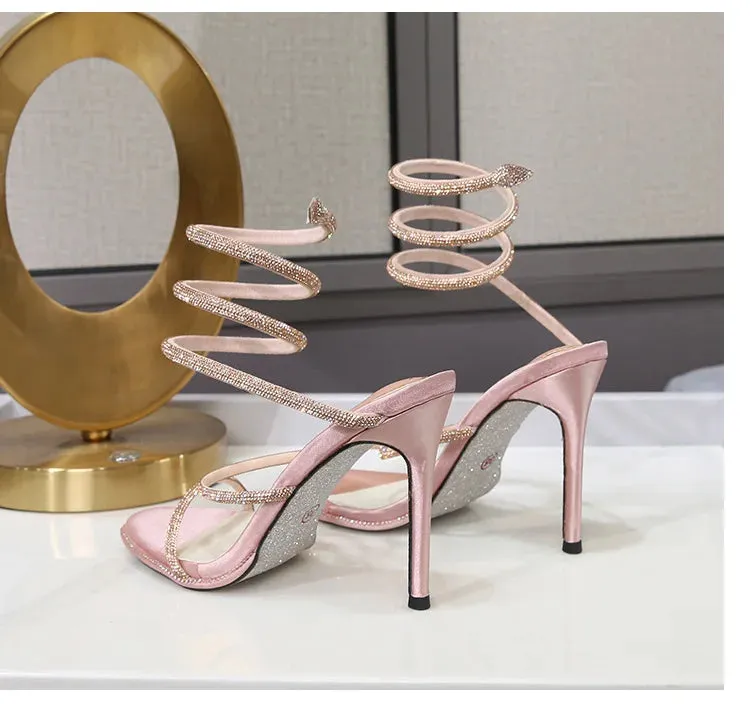 Rhinestone Ankle-strap Winding Heels