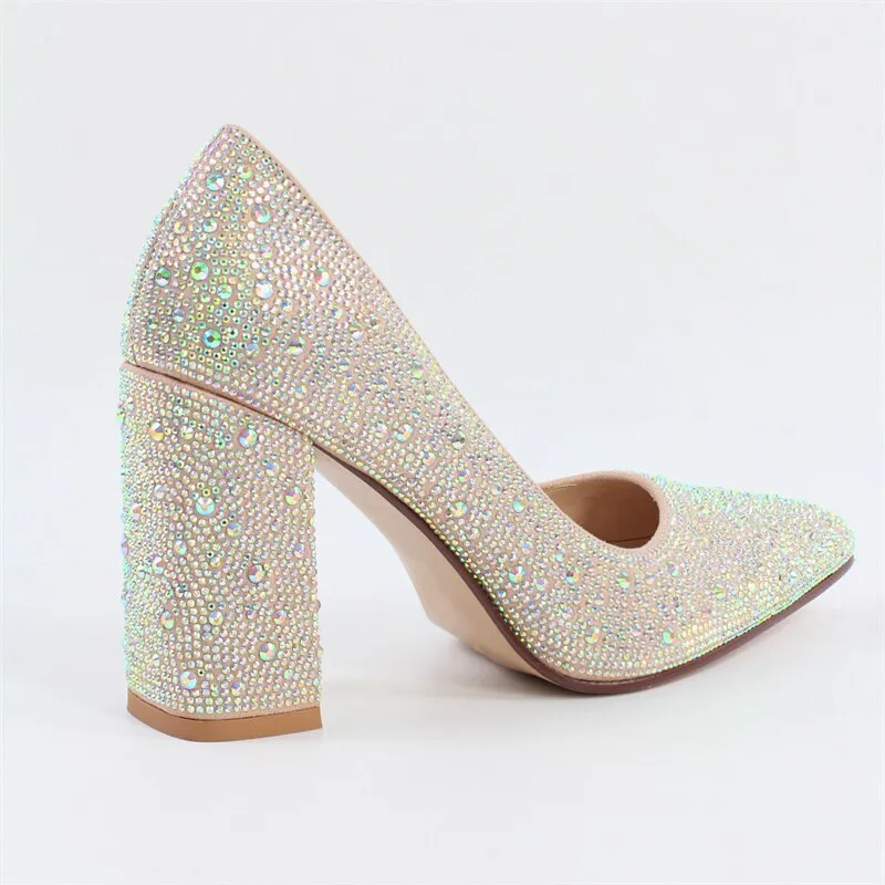 Rhinestone Pointed Toe Pumps Slip On Chunky Heel Shoes