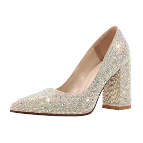 Rhinestone Pointed Toe Pumps Slip On Chunky Heel Shoes