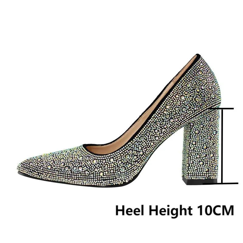 Rhinestone Pointed Toe Pumps Slip On Chunky Heel Shoes