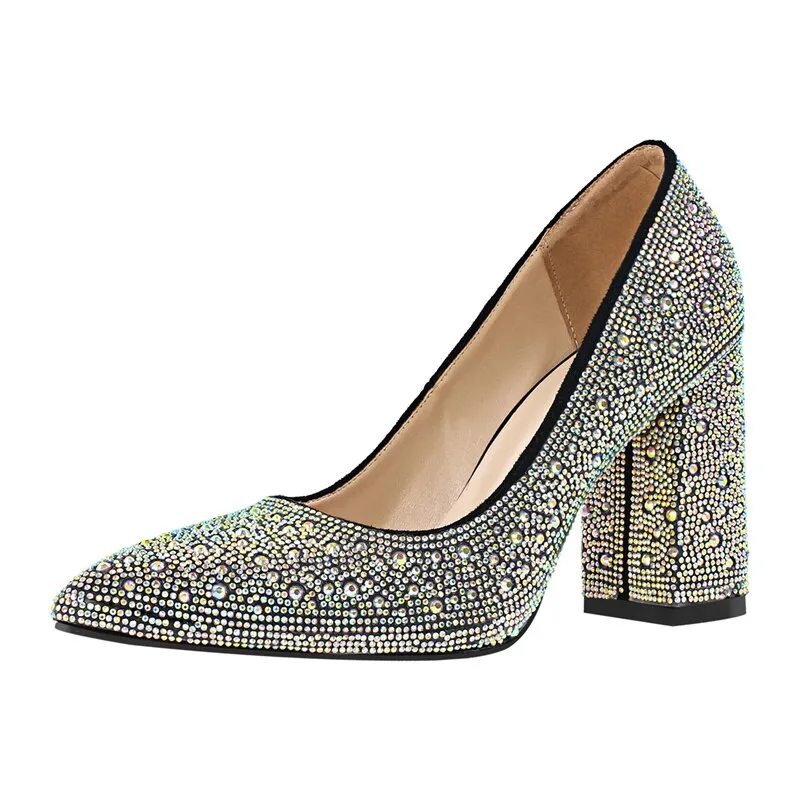 Rhinestone Pointed Toe Pumps Slip On Chunky Heel Shoes