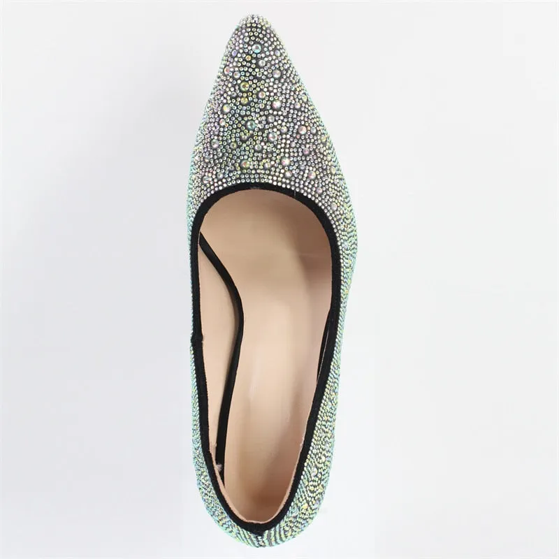 Rhinestone Pointed Toe Pumps Slip On Chunky Heel Shoes