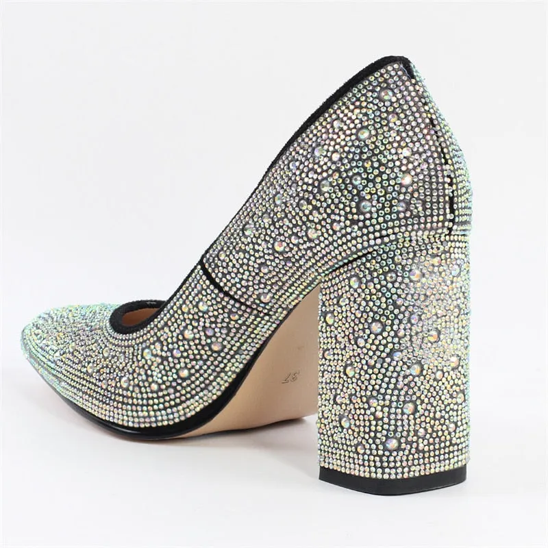 Rhinestone Pointed Toe Pumps Slip On Chunky Heel Shoes