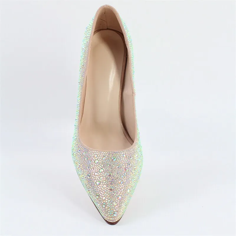 Rhinestone Pointed Toe Pumps Slip On Chunky Heel Shoes
