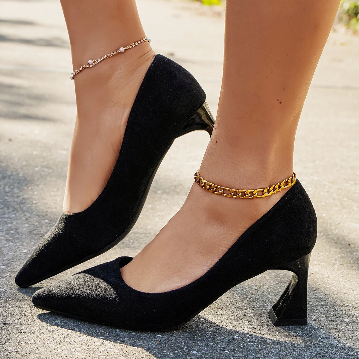 Sohiwoo woman formal Black Pointed Toe Chunky Heels Slip on Dress Pumps