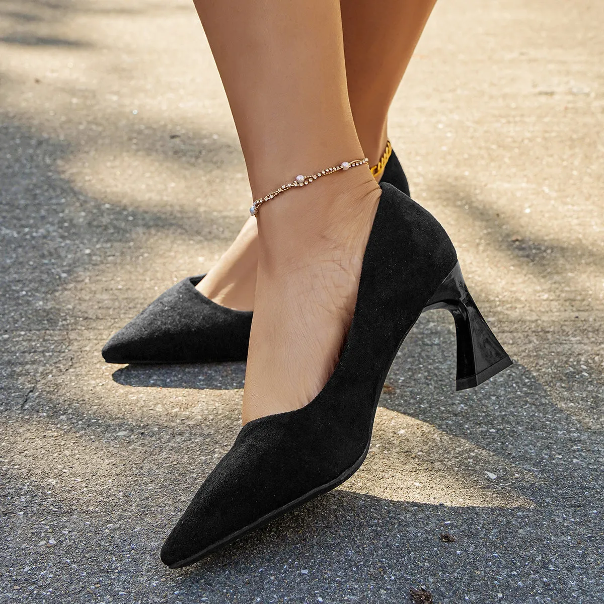 Sohiwoo woman formal Black Pointed Toe Chunky Heels Slip on Dress Pumps