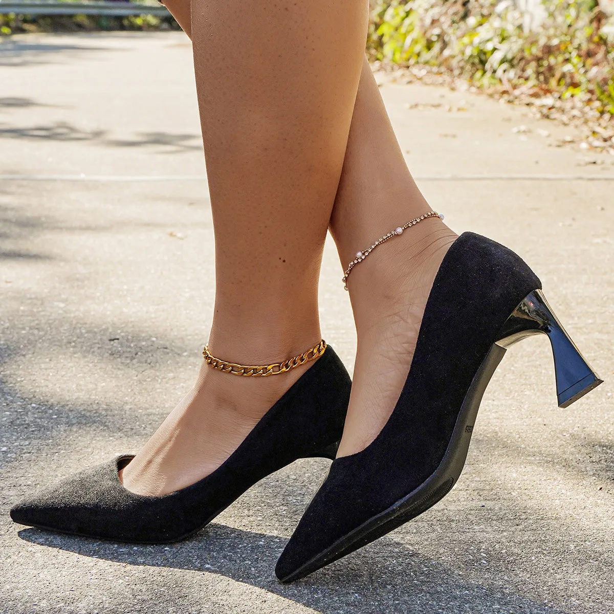 Sohiwoo woman formal Black Pointed Toe Chunky Heels Slip on Dress Pumps