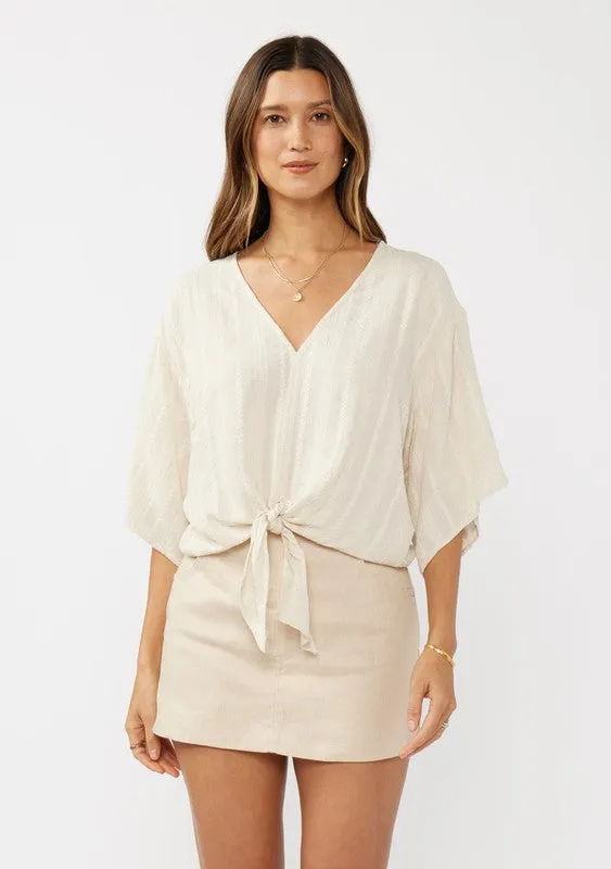 Waitlist 4/23 ♥ Eliza Kimono Sleeve Front Tie Jacquard Top Natural